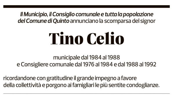 Annuncio funebre Tino Celio