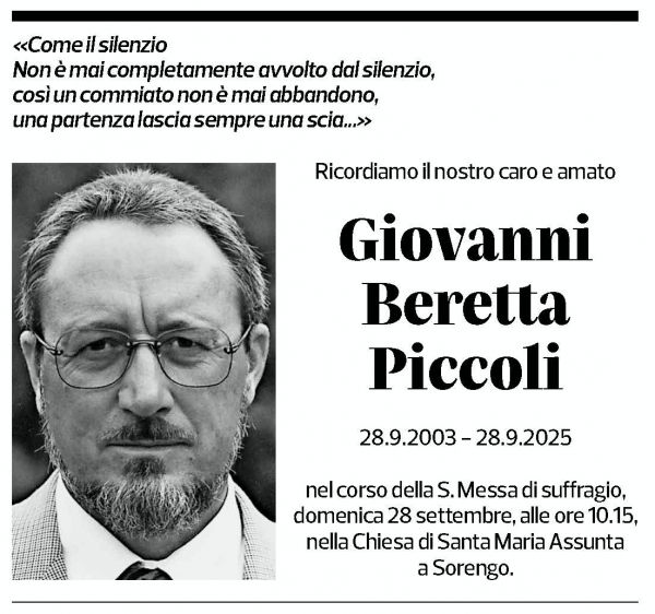 Annuncio funebre Giovanni Beretta Piccoli