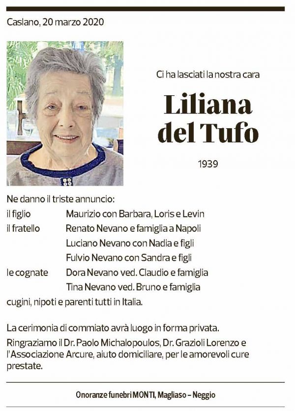 Annuncio funebre Liliano Del Tufo