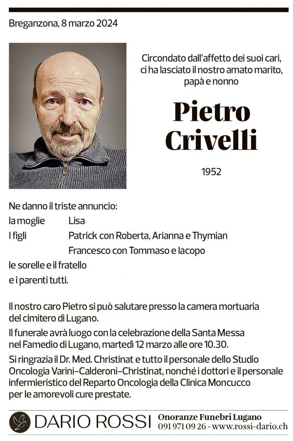 Annuncio funebre Pietro Crivelli