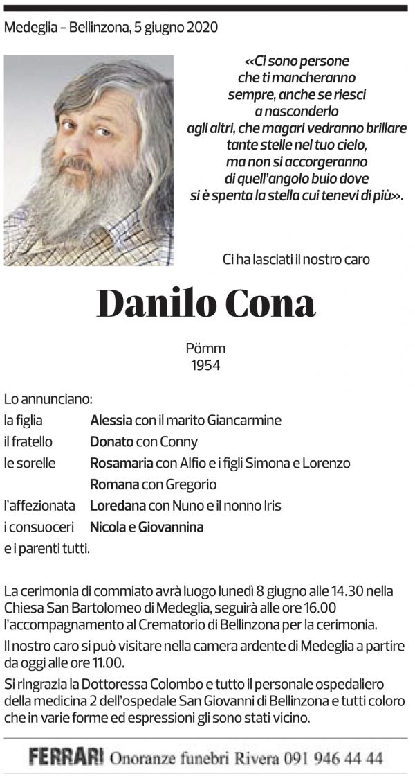 Annuncio funebre Danilo Cona
