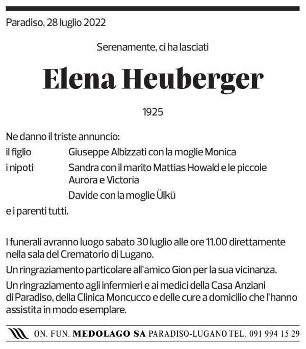 Annuncio funebre Elena Heuberger