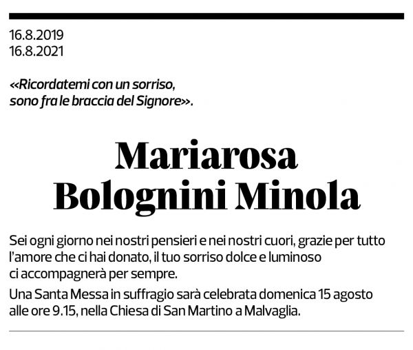 Annuncio funebre Mariarosa Bolognini Minola