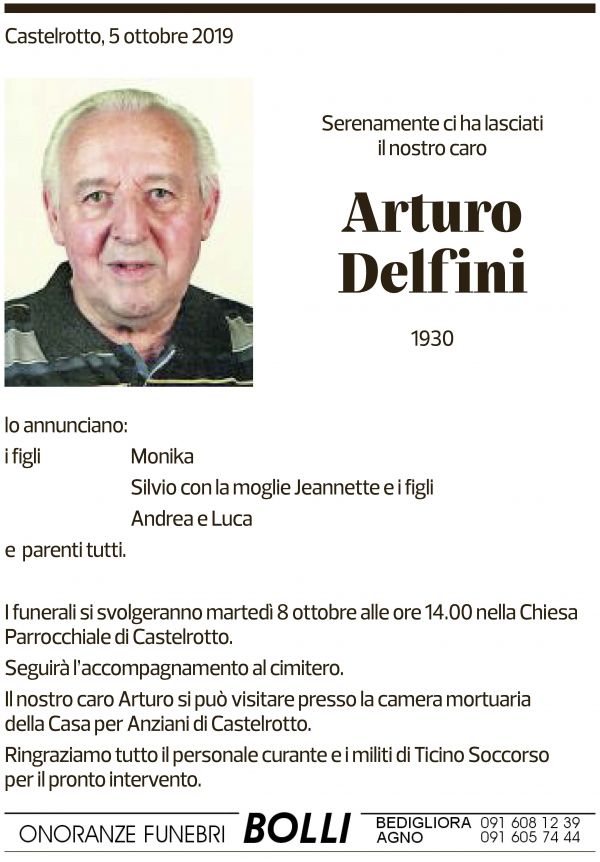 Annuncio funebre Arturo Delfini