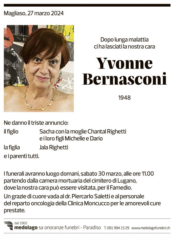 Annuncio funebre Yvonne Bernasconi