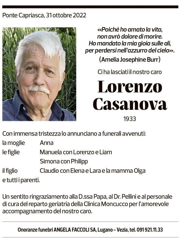 Annuncio funebre Lorenzo Casanova