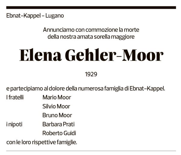 Annuncio funebre Elena Gehler-moor