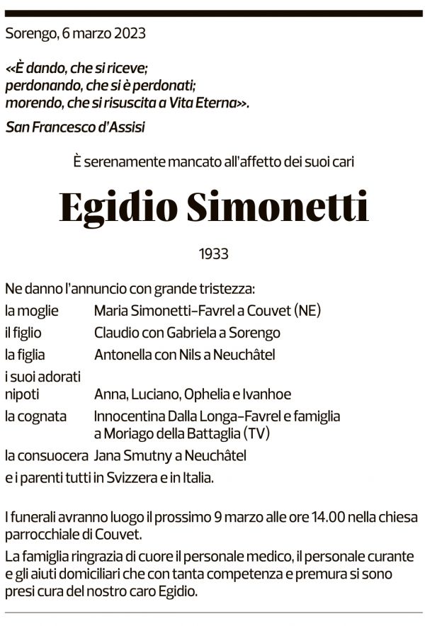 Annuncio funebre Egidio Simonetti