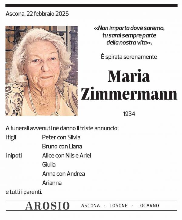 Annuncio funebre Maria Zimmermann