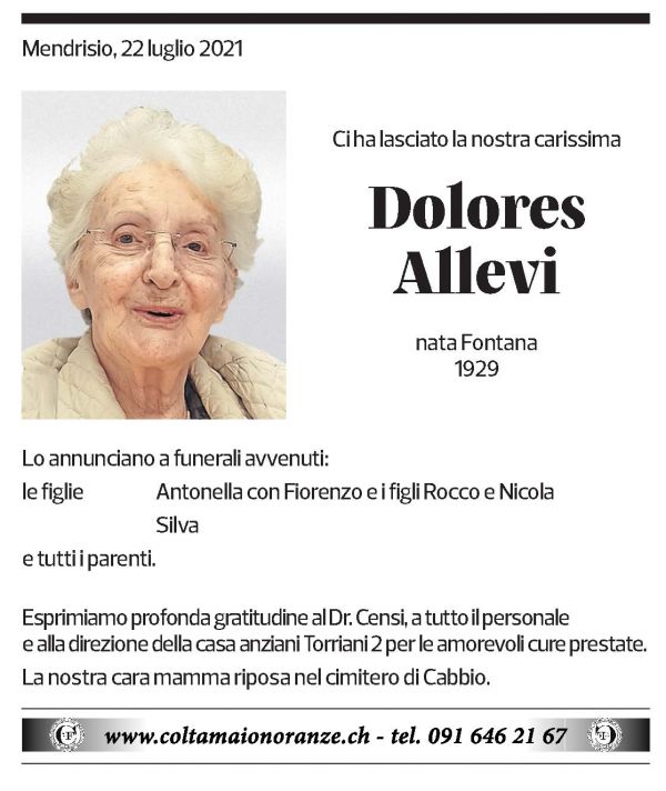 Annuncio funebre Dolores Allevi