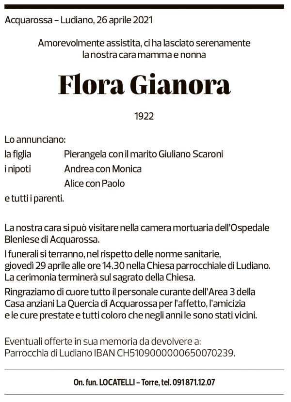 Annuncio funebre Flora Gianora