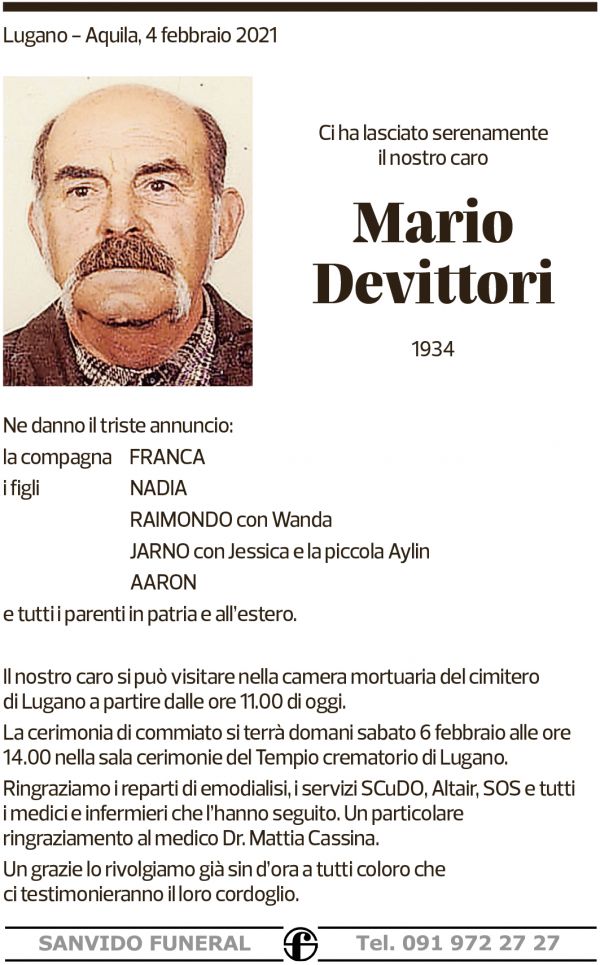 Annuncio funebre Mario Devittori