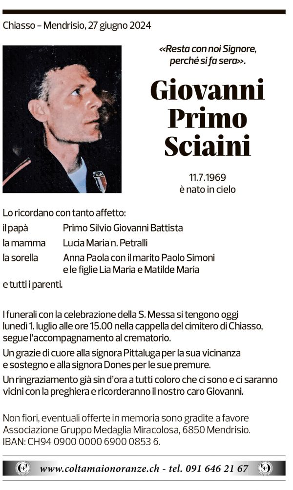 Annuncio funebre Giovanni Primo Sciaini