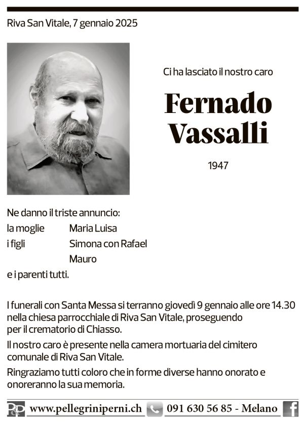 Annuncio funebre Fernando Vassalli