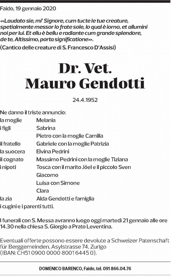 Annuncio funebre Mauro Gendotti