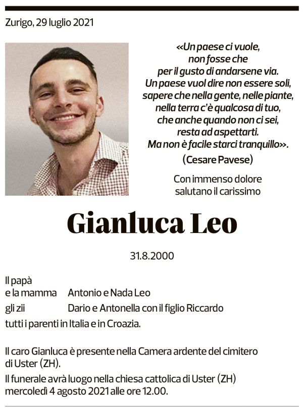 Annuncio funebre Gianluca Leo