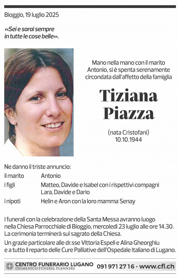Annuncio funebre Tiziana Piazza