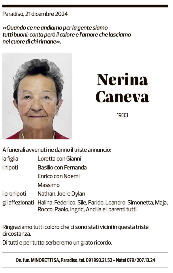 Annuncio funebre Nerina Caneva