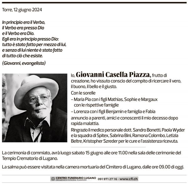 Annuncio funebre Giovanni Casella Piazza