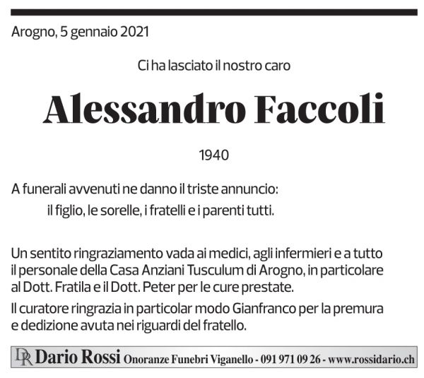 Annuncio funebre Alessandro Faccoli