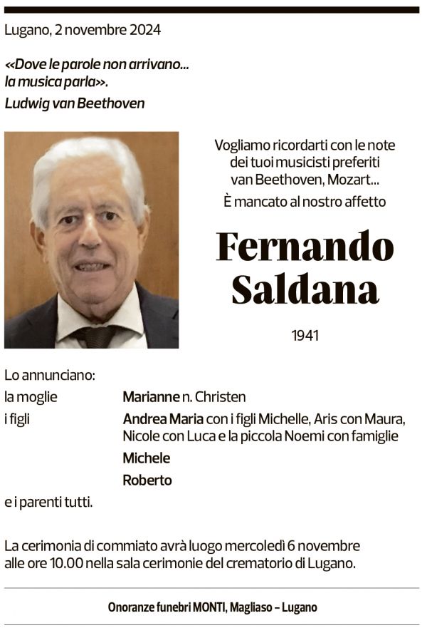 Annuncio funebre Fernando Saldana