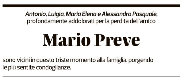 Annuncio funebre Mario Preve