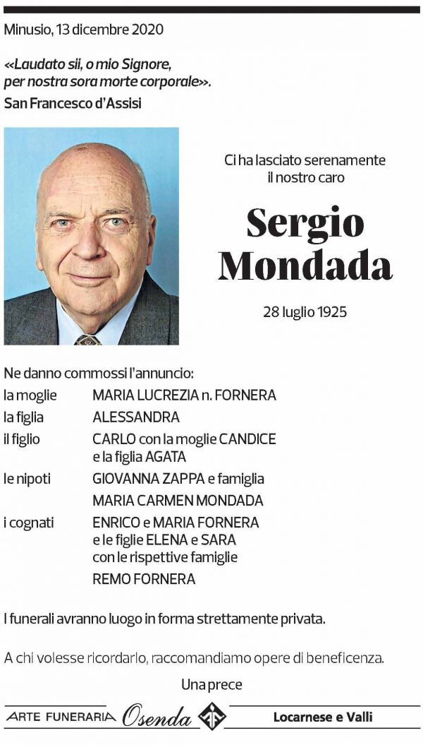 Annuncio funebre Sergio Mondada