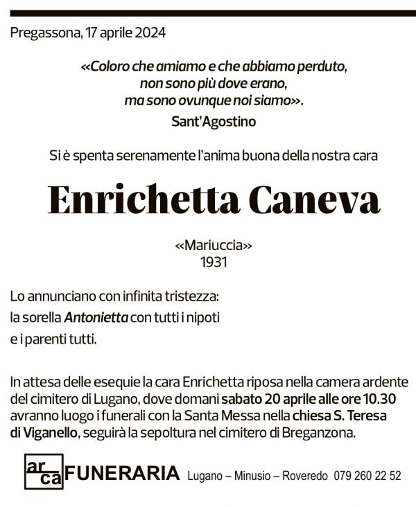 Annuncio funebre Enrichetta Caneva