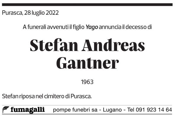 Annuncio funebre Stefan Andreas Gantner