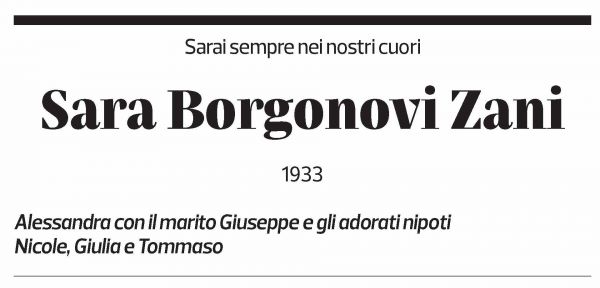 Annuncio funebre Sara Borgonovi Zani