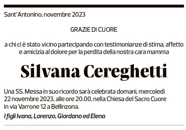 Annuncio funebre Silvana Cereghetti