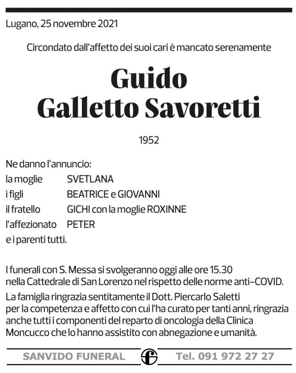 Annuncio funebre Guido Galletto Savoretti