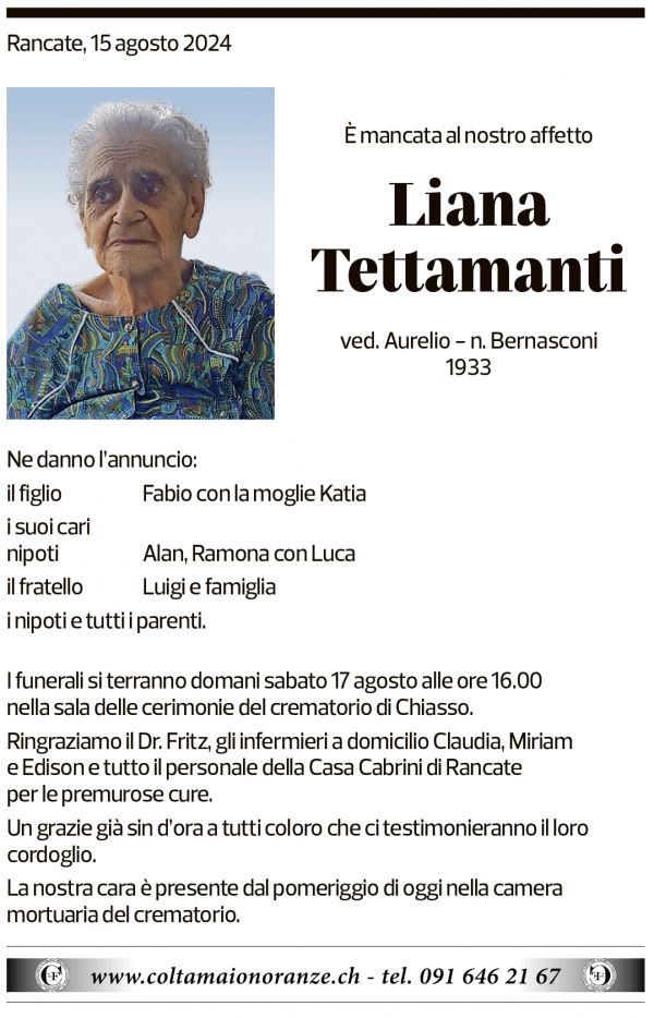 Annuncio funebre Liana Tettamanti