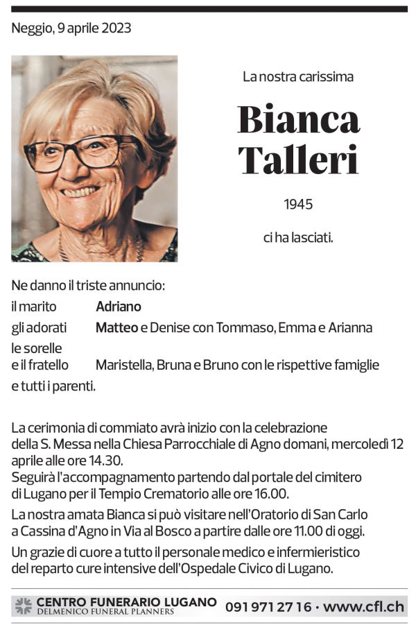 Annuncio funebre Bianca Talleri