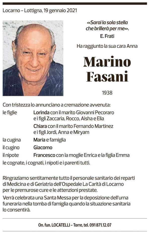 Annuncio funebre Marino Fasani