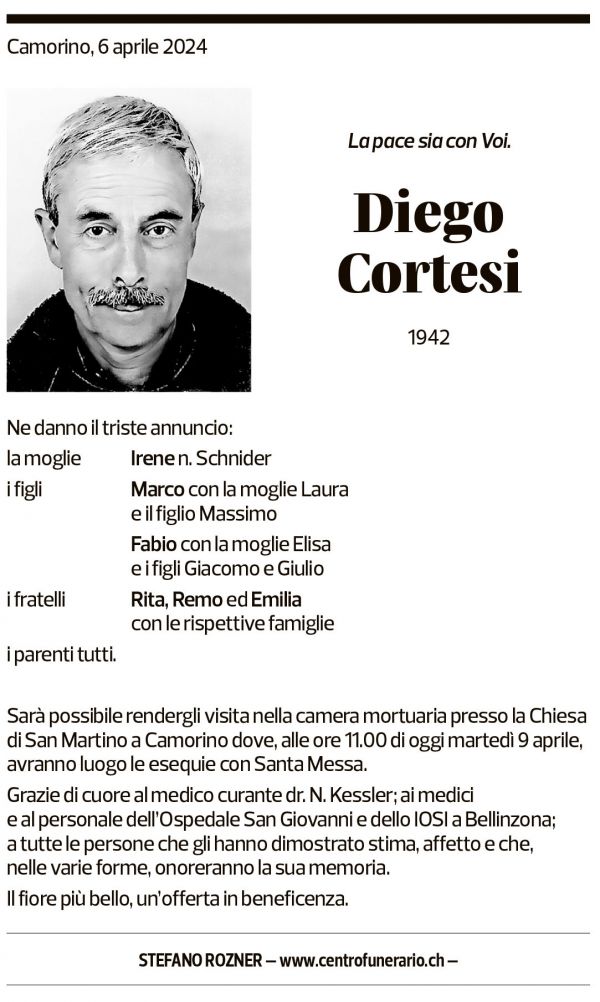 Annuncio funebre Diego Cortesi