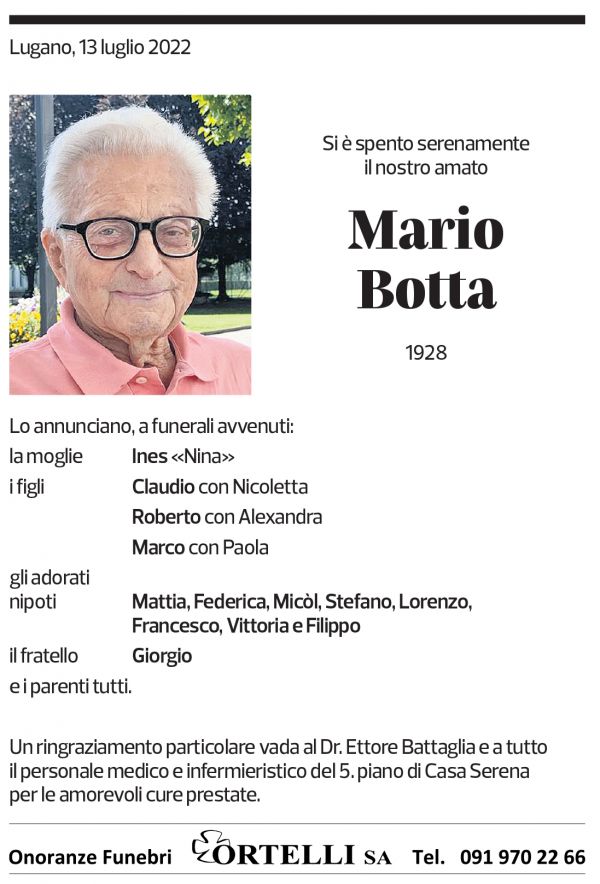 Annuncio funebre Mario Botta