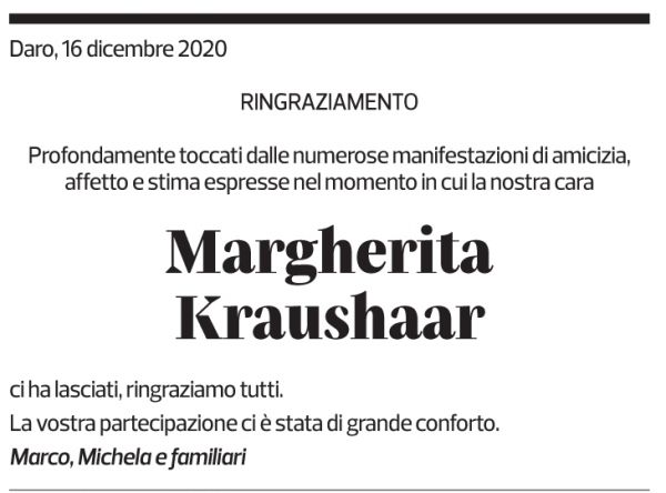Annuncio funebre Margherita Krasushaar