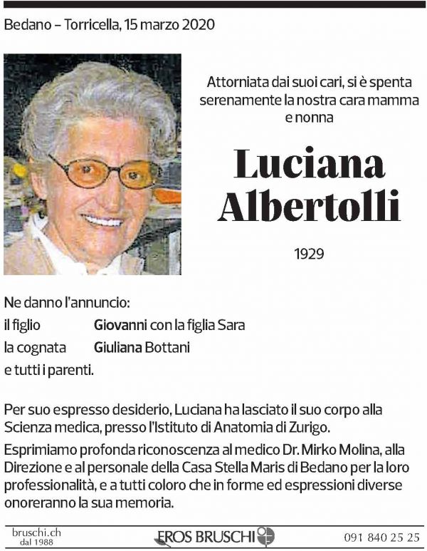 Annuncio funebre Luciana Albertolli