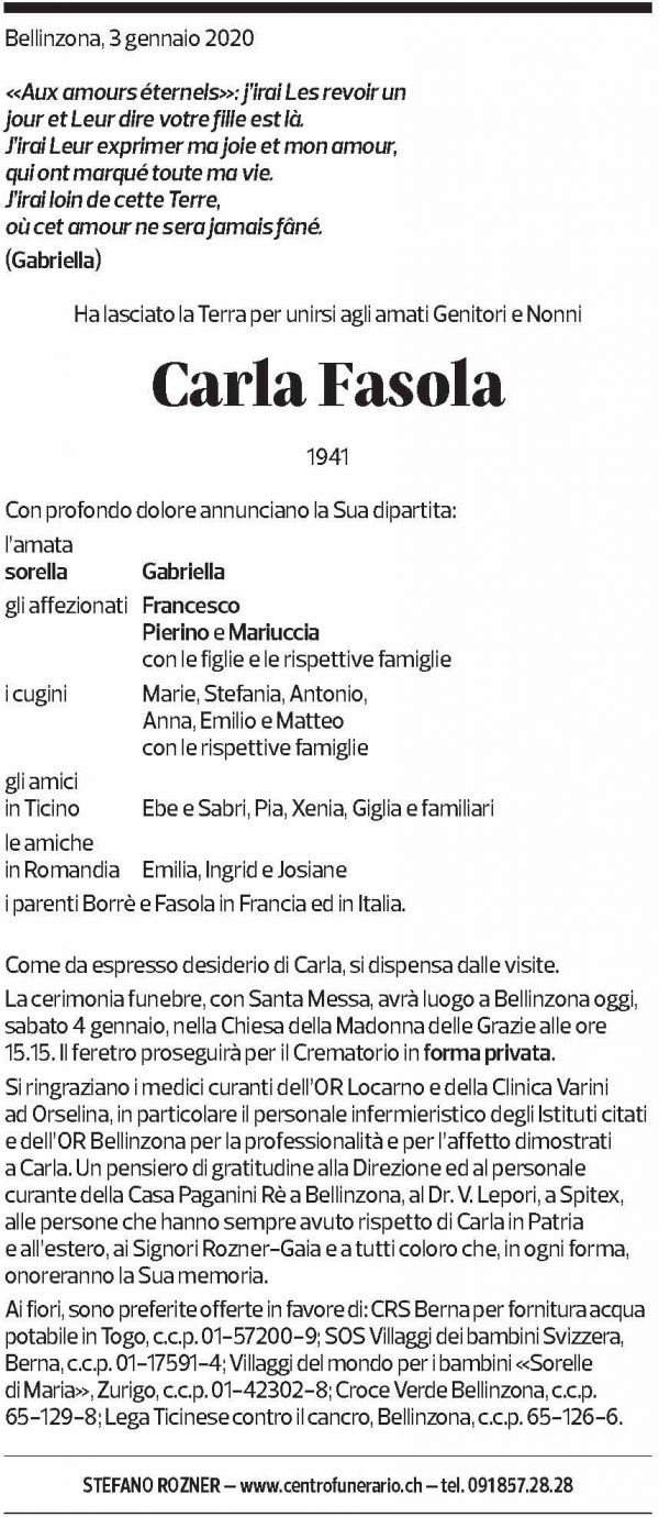 Annuncio funebre Carla Fasola