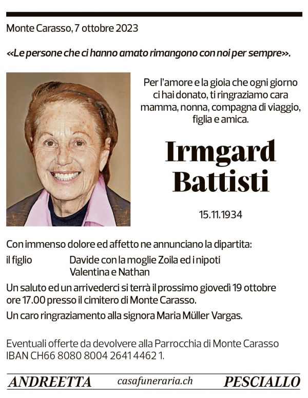 Annuncio funebre Irmgard Battisti