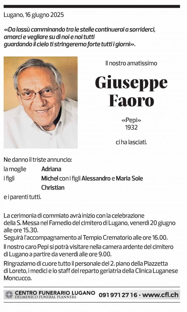 Annuncio funebre Giuseppe Faoro