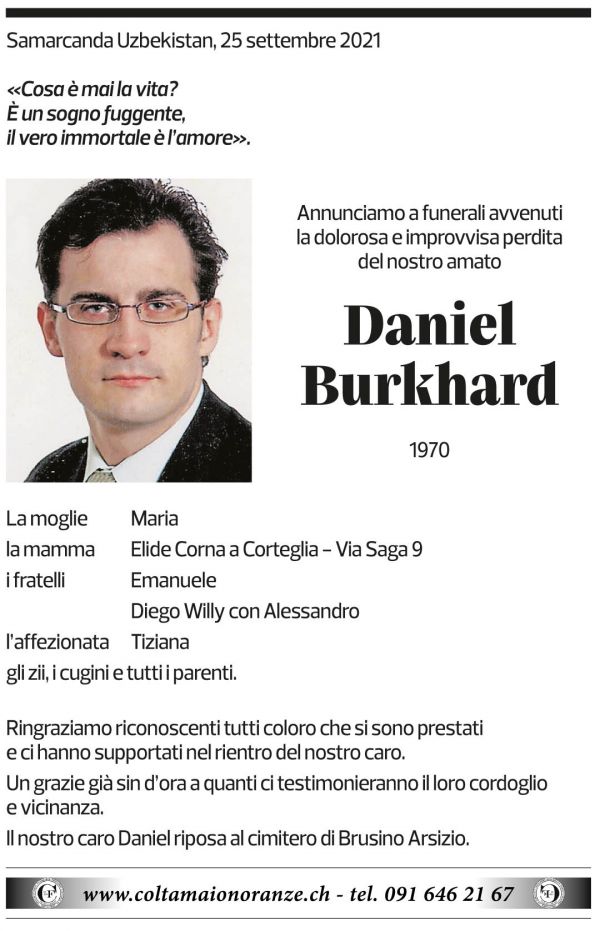 Annuncio funebre Daniel Burkhard