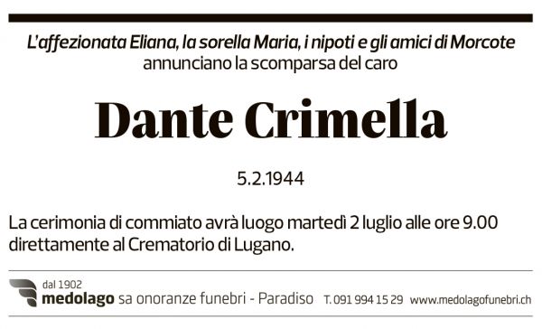 Annuncio funebre Dante Crimella