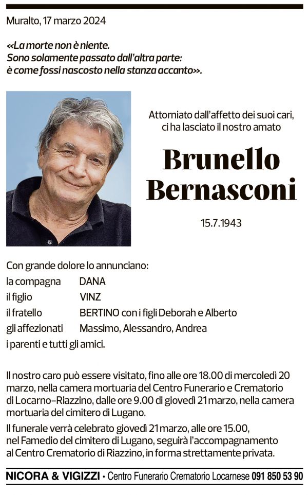 Annuncio funebre Brunello Bernasconi