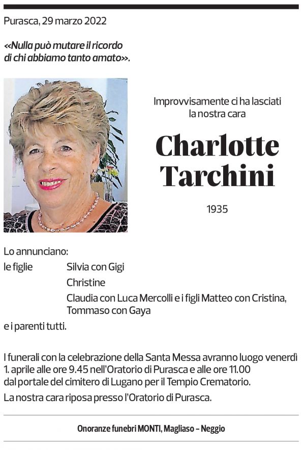 Annuncio funebre Charlotte Tarchini