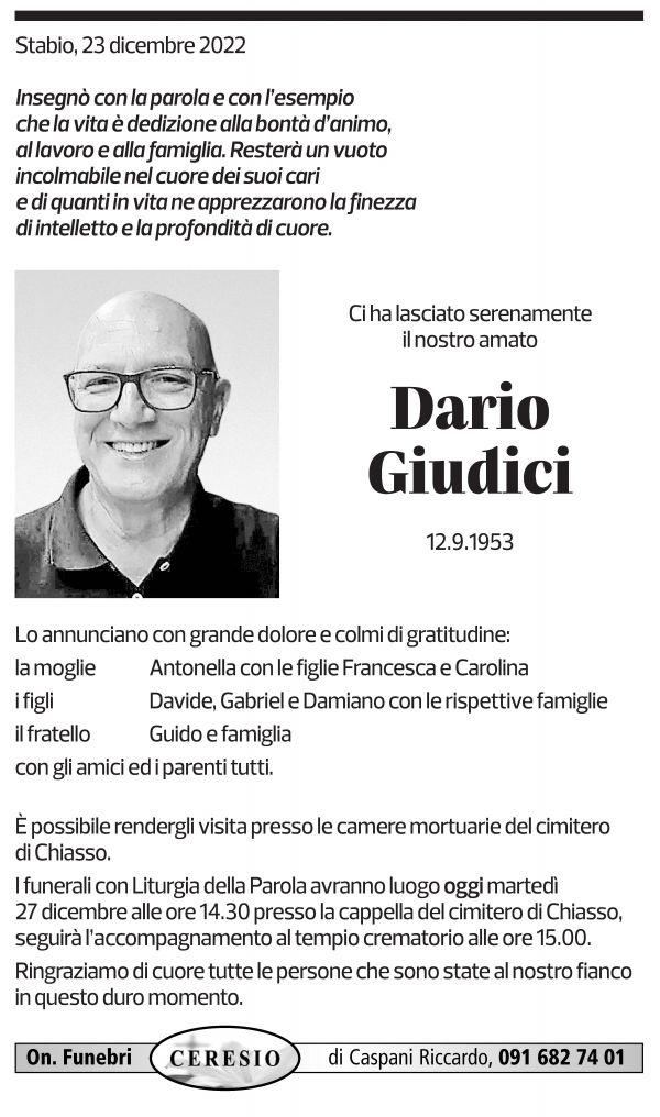 Annuncio funebre Dario Giudici