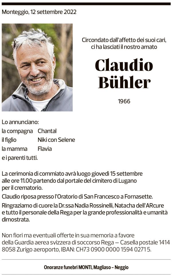 Annuncio funebre Claudio Bühler