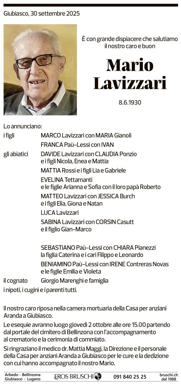Annuncio funebre Mario Lavizzari