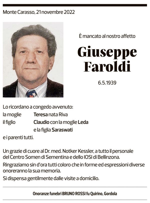 Annuncio funebre Giuseppe Faroldi